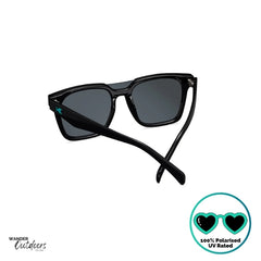 Knockaround Afters Ibiza Sunglasses with blue lenses and black frames rear view, unisex polarised and UV400 Rating.