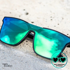 Knockaround Afters Ibiza Sunglasses with blue lenses and black frames close up front view, unisex polarised and UV400 Rating.