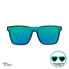 Knockaround Afters Ibiza Sunglasses with blue lenses and black frames front view, unisex polarised and UV400 Rating.