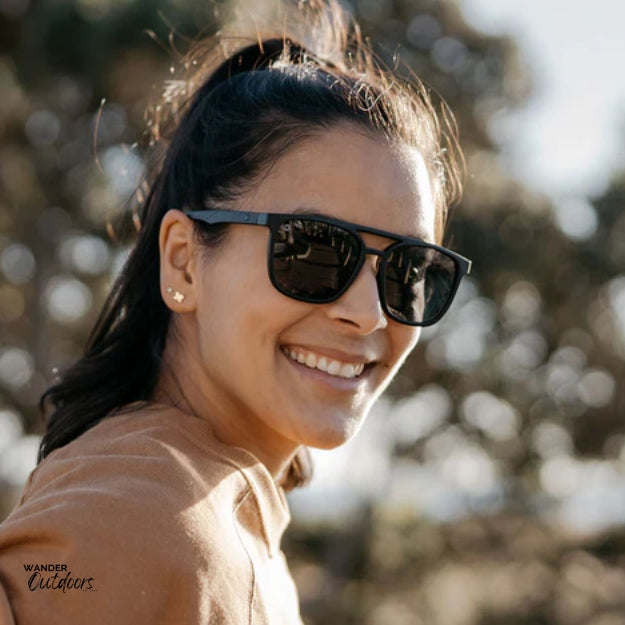 affordable polarised unisex knockaround brightsides sunglasses in black frames female wearing
