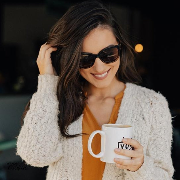 Quality Knockaround Deja View Sunglasses Glossy Black Tortoise Shell Fade Model drinking coffee