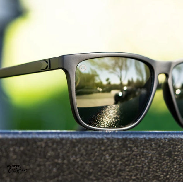 Unisex affordable Knockaround Fast Lanes Sport Sunglasses black on black close up