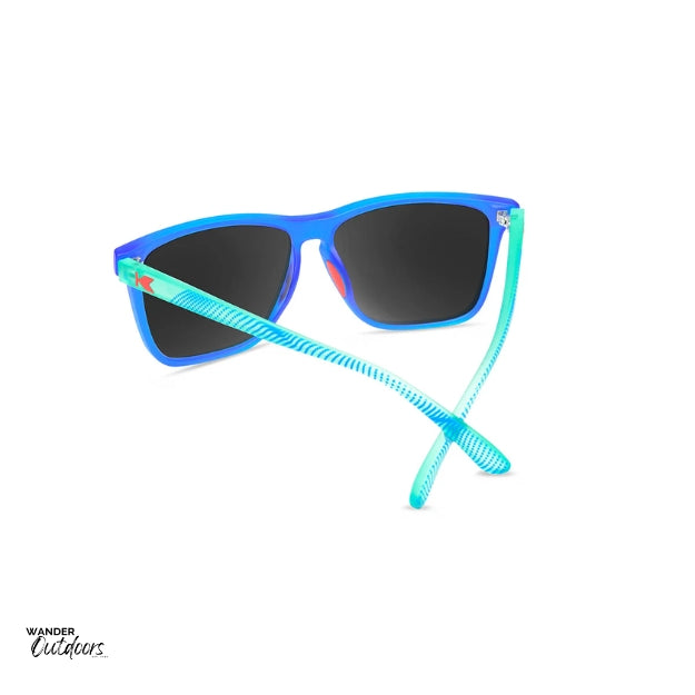 Unisex affordable Knockaround Fast Lanes Sport Sunglasses Hill Charge Female Runner wearing rear frame view