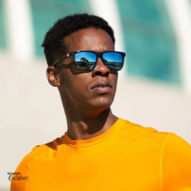Unisex affordable Knockaround Fast Lanes Sport Sunglasses Jelly Black Sky Blue Male Model