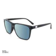 Unisex affordable Knockaround Fast Lanes Sport Sunglasses Jelly Black Sky Blue side arm inside view