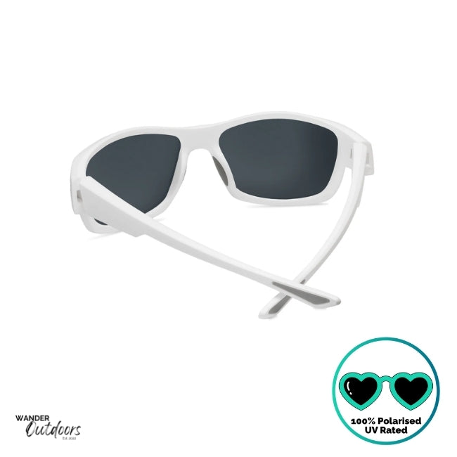 Knockaround High Stakes Aura Sunglasses white frames and blue salt water resistant lenses rear birds eye view.