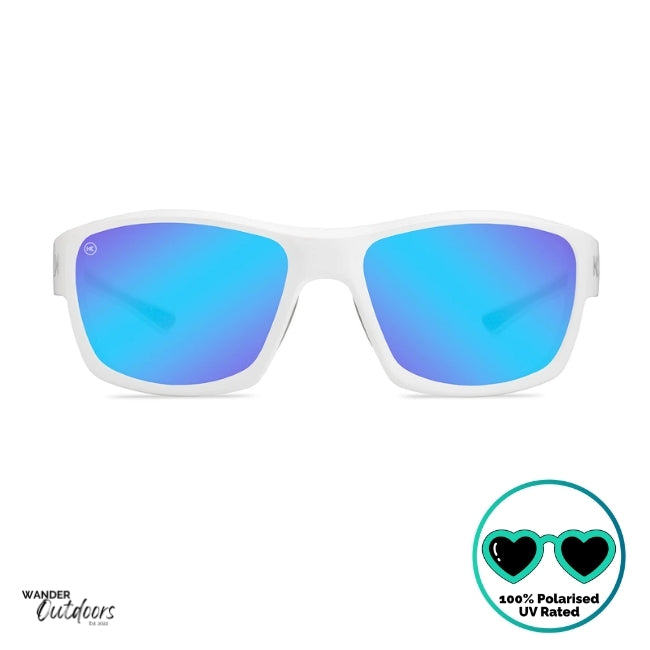 Knockaround High Stakes Aura Sunglasses white frames and blue salt water resistant lenses in front view.