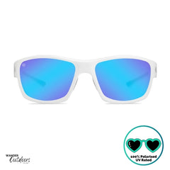 Knockaround High Stakes Aura Sunglasses white frames and blue salt water resistant lenses in front view.
