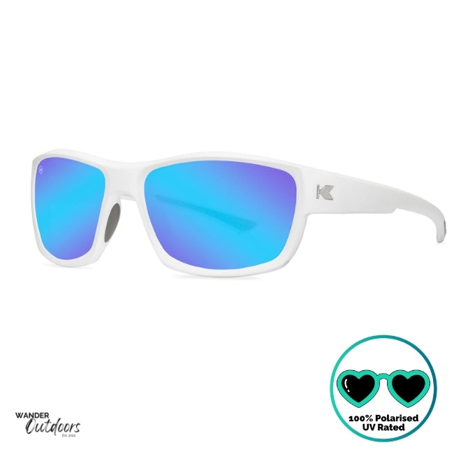 Knockaround High Stakes Aura Sunglasses white frames and blue salt water resistant lenses in a front side view of the frames.