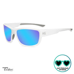 Knockaround High Stakes Aura Sunglasses white frames and blue salt water resistant lenses.