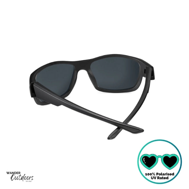 Knockaround High Stakes Blackout Sunglasses black frames and black salt water resistant lenses, unisex design fully polarised rear back view showing black accents on nose and frame.