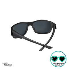 Knockaround High Stakes Blackout Sunglasses black frames and black salt water resistant lenses, unisex design fully polarised rear back view showing black accents on nose and frame.