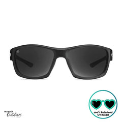 Knockaround High Stakes Blackout Sunglasses black frames and black salt water resistant lenses, unisex design fully polarised front view of frame.
