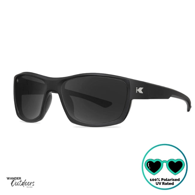 Knockaround High Stakes Blackout Sunglasses black frames and black salt water resistant lenses, unisex design fully polarised frontal side view of frame with K Logo.