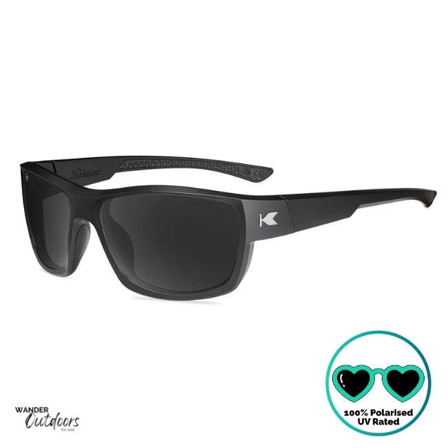 Knockaround High Stakes Blackout Sunglasses black frames and black salt water resistant lenses, unisex design fully polarised partial frontal side view of frame with K Logo