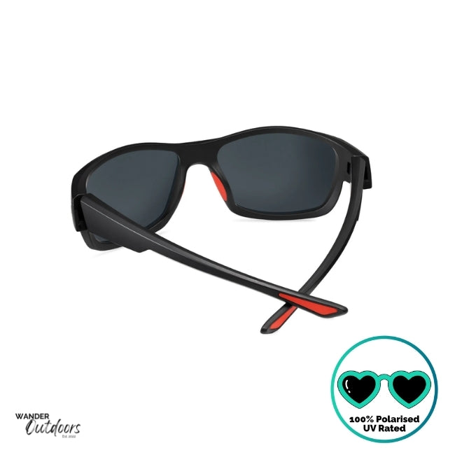 Knockaround High Stakes Inferno Sunglasses black frames and red salt water resistant lenses, unisex design fully polarised rear view showing red accents on frame and nose.