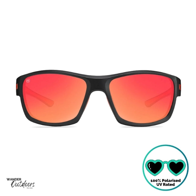 Knockaround High Stakes Inferno Sunglasses black frames and red salt water resistant lenses, unisex design fully polarised, front on view