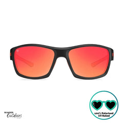 Knockaround High Stakes Inferno Sunglasses black frames and red salt water resistant lenses, unisex design fully polarised, front on view