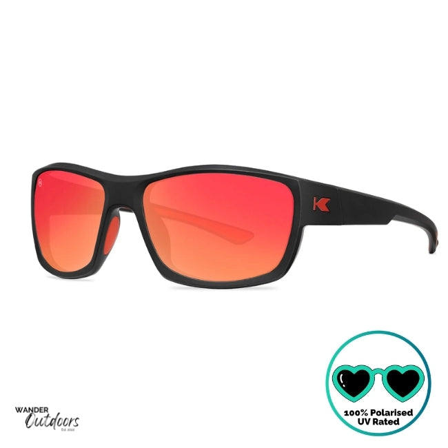 Knockaround High Stakes Inferno Sunglasses black frames and red salt water resistant lenses, unisex design fully polarised, frame side view