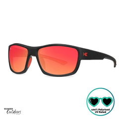 Knockaround High Stakes Inferno Sunglasses black frames and red salt water resistant lenses, unisex design fully polarised, frame side view