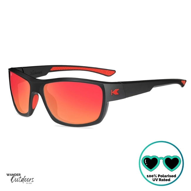 Knockaround High Stakes Inferno Sunglasses black frames and red salt water resistant lenses, unisex design fully polarised, side view