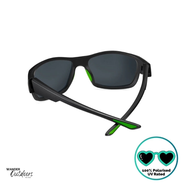 Knockaround High Stakes Vortex Sunglasses black frames and green salt water resistant lenses, unisex design fully polarised rear view showing green accents on nose and frame.