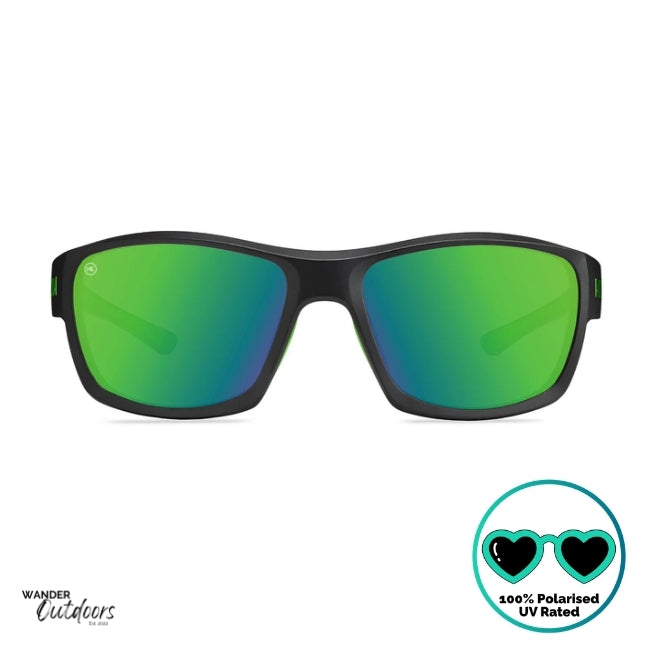 Knockaround High Stakes Vortex Sunglasses black frames and green salt water resistant lenses, unisex design fully polarised front view of frame with K Logo.