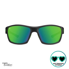Knockaround High Stakes Vortex Sunglasses black frames and green salt water resistant lenses, unisex design fully polarised front view of frame with K Logo.