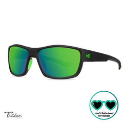 Knockaround High Stakes Vortex Sunglasses black frames and green salt water resistant lenses, unisex design fully polarised partial frontal side view of frame with K Logo.