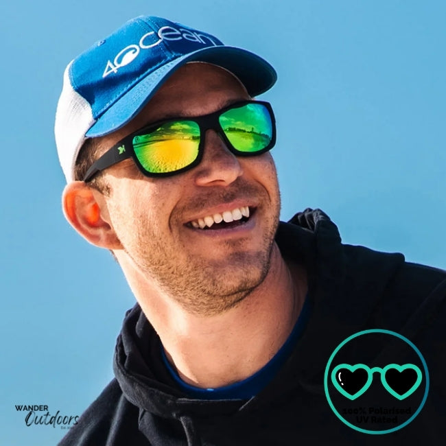 Knockaround High Stakes Vortex Sunglasses black frames and green salt water resistant lenses, unisex design fully polarised on the beach.