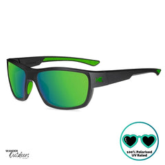 Knockaround High Stakes Vortex Sunglasses black frames and green salt water resistant lenses, unisex design fully polarised side view of frame with K Logo.