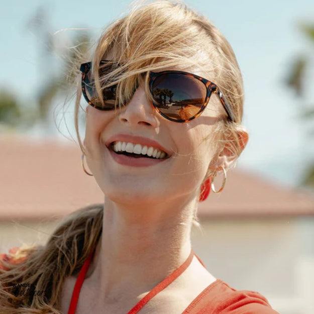 Knockaround Mai Tais Sunglasses Glossy Tortoise Shell Amber Lady at Beach