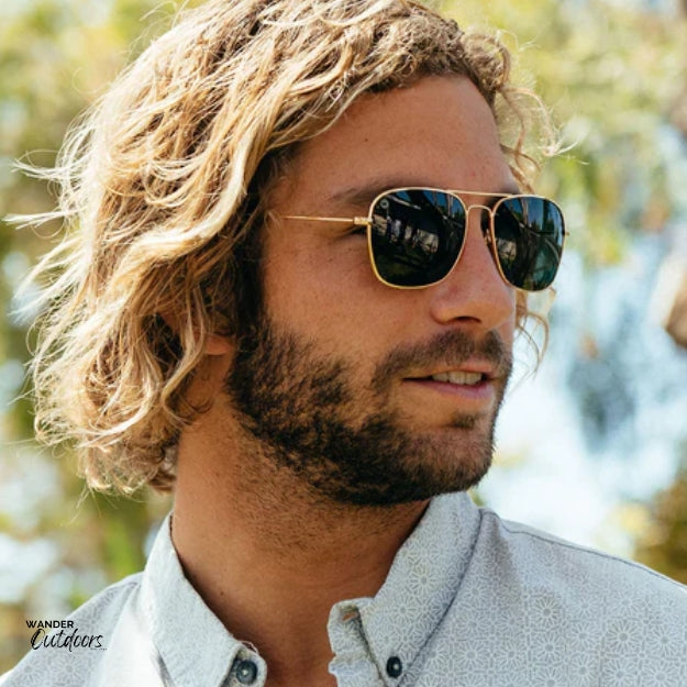 Unisex Affordable Knockaround Mount Evans Sunglasses Gold Aviator GreenMan At the Park