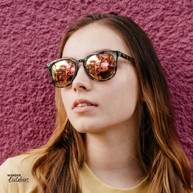 Knockaround Paso Robles Sunglasses Slate Tortoise Shell Lady at Cafe