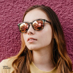 Knockaround Paso Robles Sunglasses Slate Tortoise Shell Lady at Cafe