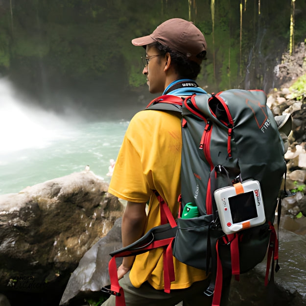 LuminAID PackLite Nova USB Solar Lantern Charging on the outer of the backpack
