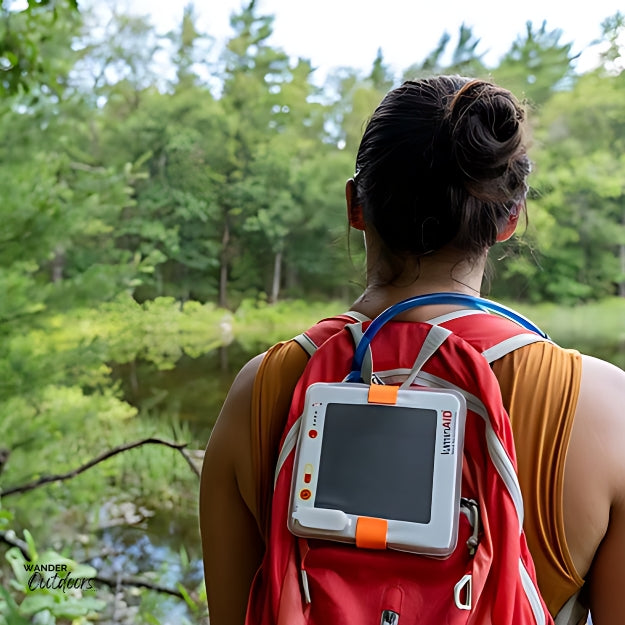 LuminAID PackLite Titan 2-in-1 Power Lantern charging on a backpack