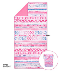 Newlyfe Beach Towel & Pouch Pink Sands Flat Lay with Pouch in the corner