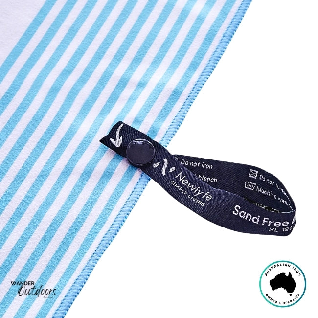 Close up of the Newlyfe Signature Calvi Sky Blue Towel snap-lock hanging loop and stitched branding detail.