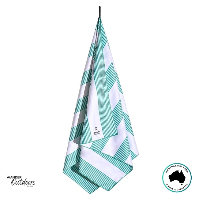 Newlyfe Signature Milos Mint Sand-Free Beach Towel with matching pouch in fresh mint and white stripes.