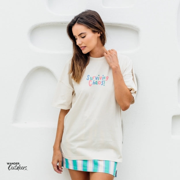 Surviving Chaos Tee Styled with a skirt – Casual Chic Look
