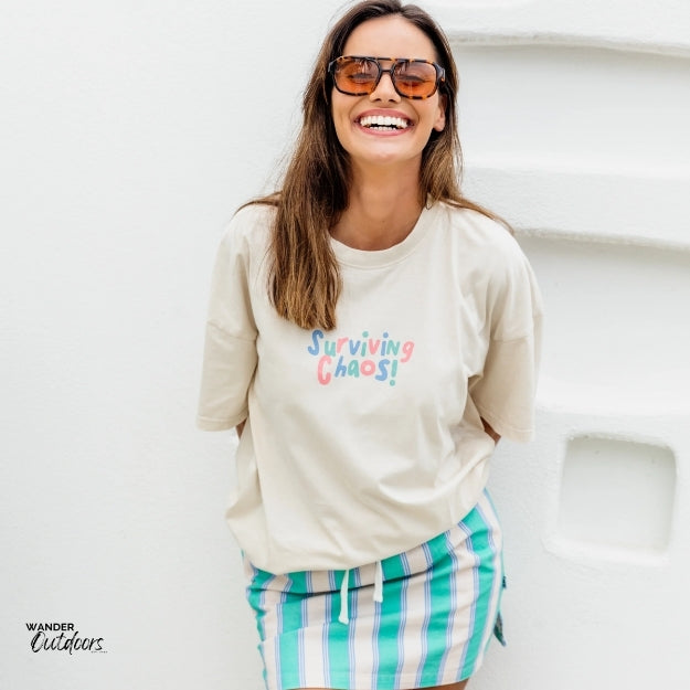 Model Wearing Surviving Chaos Tee – Stylish & Relaxed Box Fit