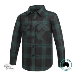 Green and black plaid shirt on a white background with Wander Outdoors branding.