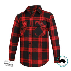 Red and black plaid shirt on a white background with visible brand logos.