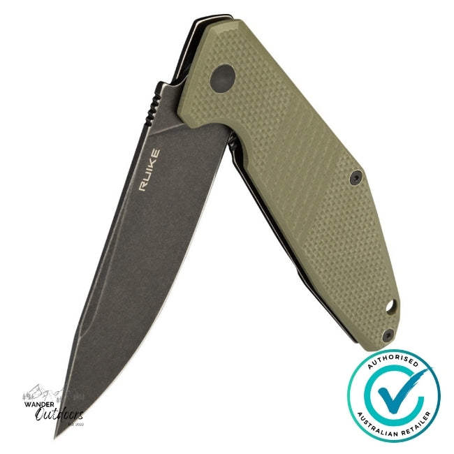 Ruike D191-G folding knife partially folded to showcase the black stonewashed blade, green G10 textured handle and flipper tab.