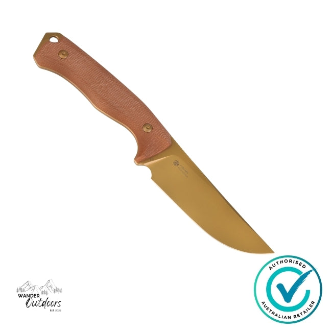 Ruike F186-MN Fixed Blade Knife displayed flat, highlighting the full-tang D2 blade with titanium finish and brown Micarta handle scales.
