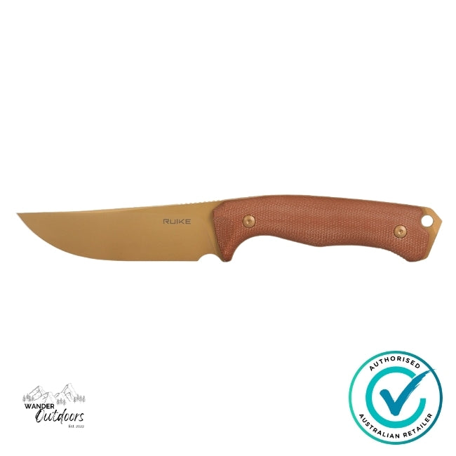 Ruike F186-MN Fixed Blade Knife shown side-on against a white background, featuring a stonewashed tan D2 blade and ergonomic Micarta handle for superior grip.