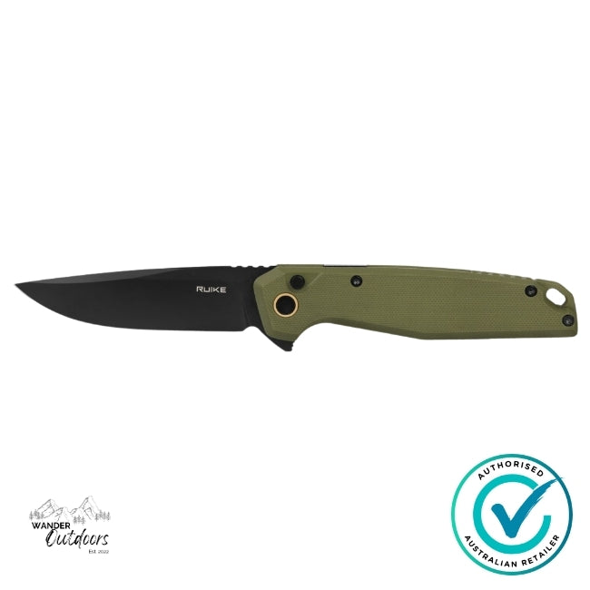 Ruike P873-G Folding Knife shown open from the side, featuring a black stonewashed Sandvik 14C28N blade with textured OD Green G10 handle for reliable everyday use.
