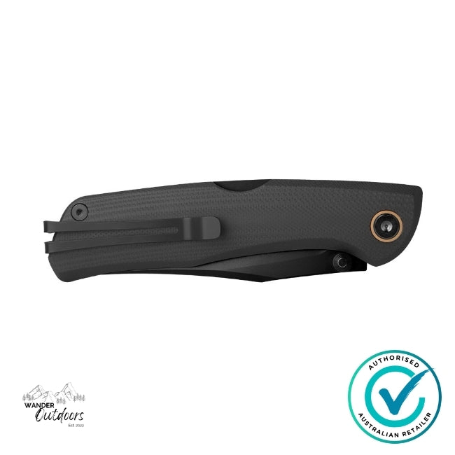 Ruike Knives P882-B folded view with visible deep-carry pocket clip on the black G10 handle.