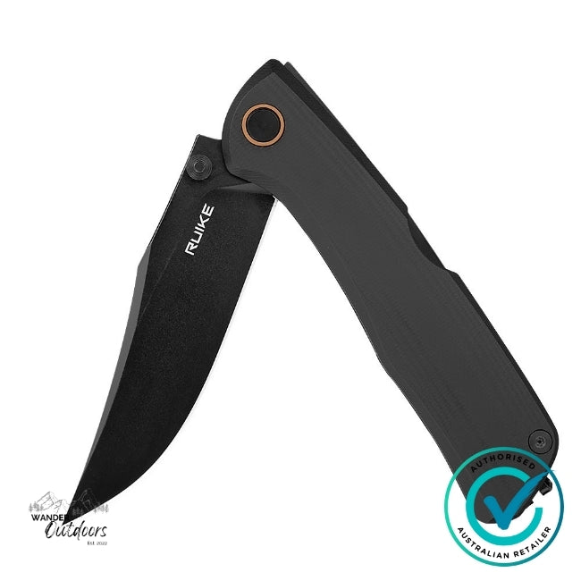 Ruike Knives P882-B Folding Knife partially folded, displaying its pivot system and thumb stud for easy one-handed opening.